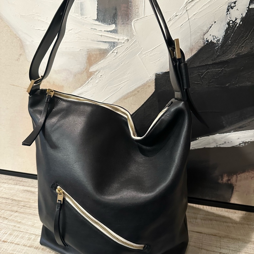 All Saints Black Leather Shoulder Bag with Gold Accents